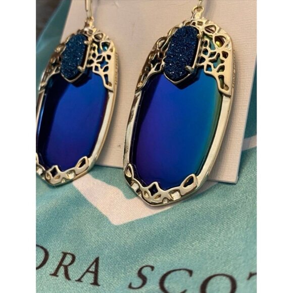 Kendra Scott Deva Statement Earrings Black Iridescent & Blue Druzy In Gold RARE - Picture 5 of 5